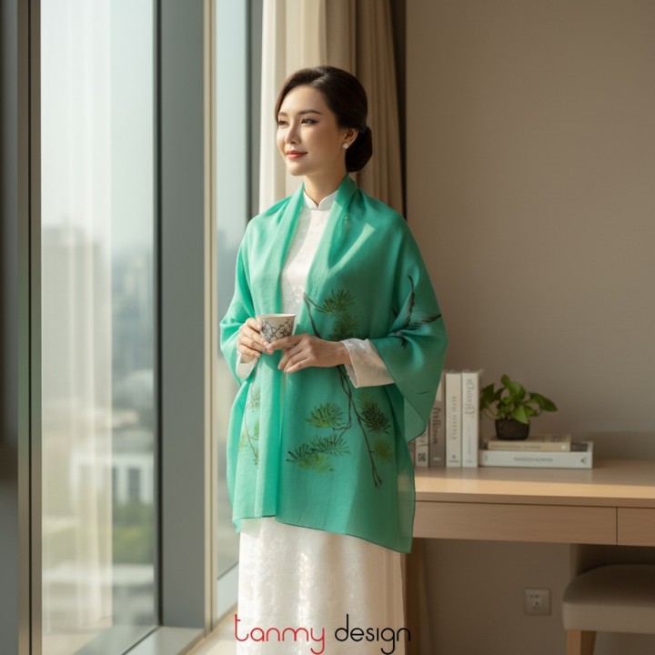 Grass green ramie scarf hand-painted with juniper and crane 70*190cm